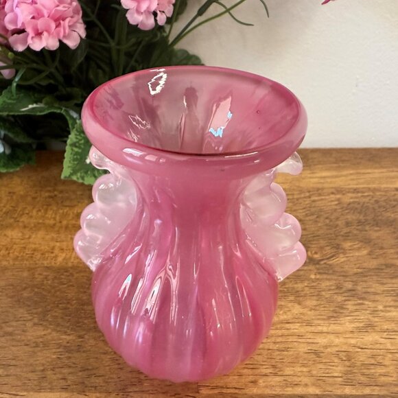 Hand Blown Pink Cased Glass Vase Ruffled Opalescent Sides Ribbed Mid Century Art - Picture 3 of 6